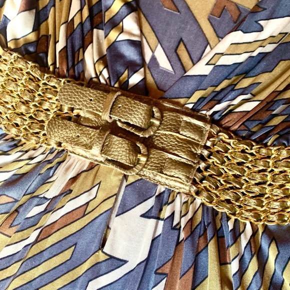 SKY ❌SOLD❌BRAND TOP GEOMETRIC 100% SILK LEATHER COUTURE CHAIN BELT SZ SMALL USA. - Picture 6 of 6